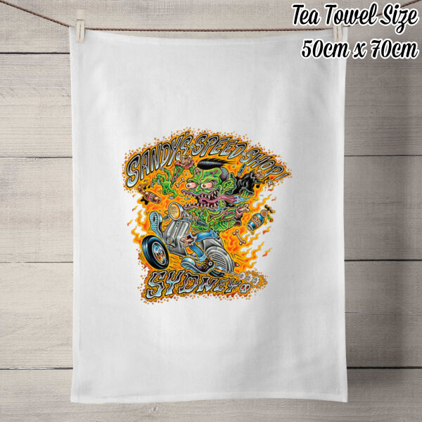 Sandy's Speed Shop Tea Towel Thumbnail
